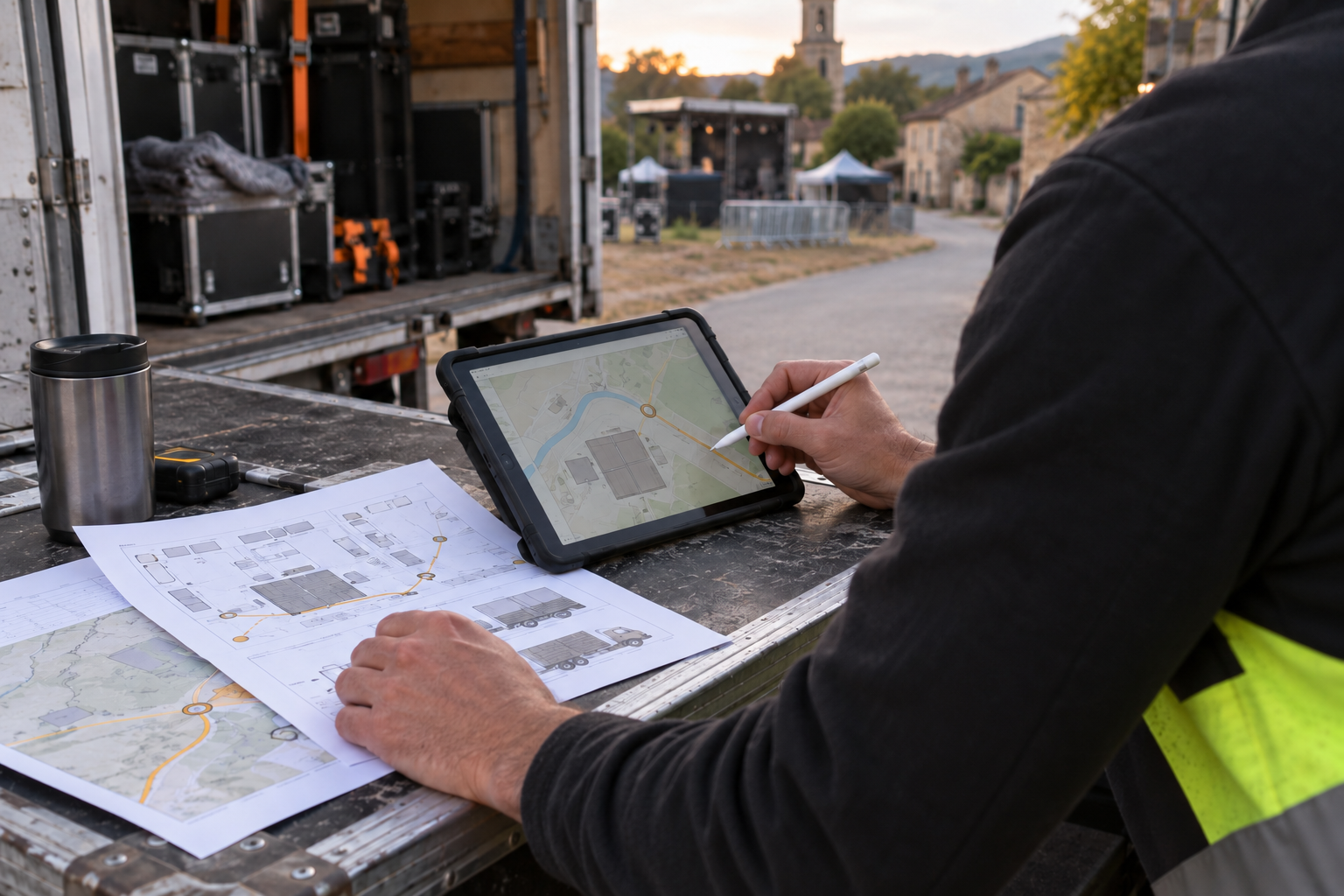 Profesional inclinado sobre una tablet y planos mientras documenta una ruta y desarrolla un encargo junto a un camión de espectáculo.